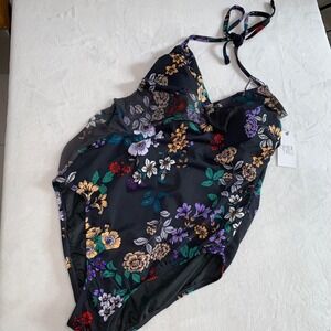 Time and tru gray purple floral v neck halter one piece swimsuit size large‎ new